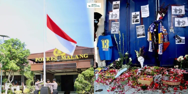 FT. Anggota Polres Malang menurunkan bendera setengah tiang mengenang dua tahun Tragedi Kanjuruhan. (Polres Malang).